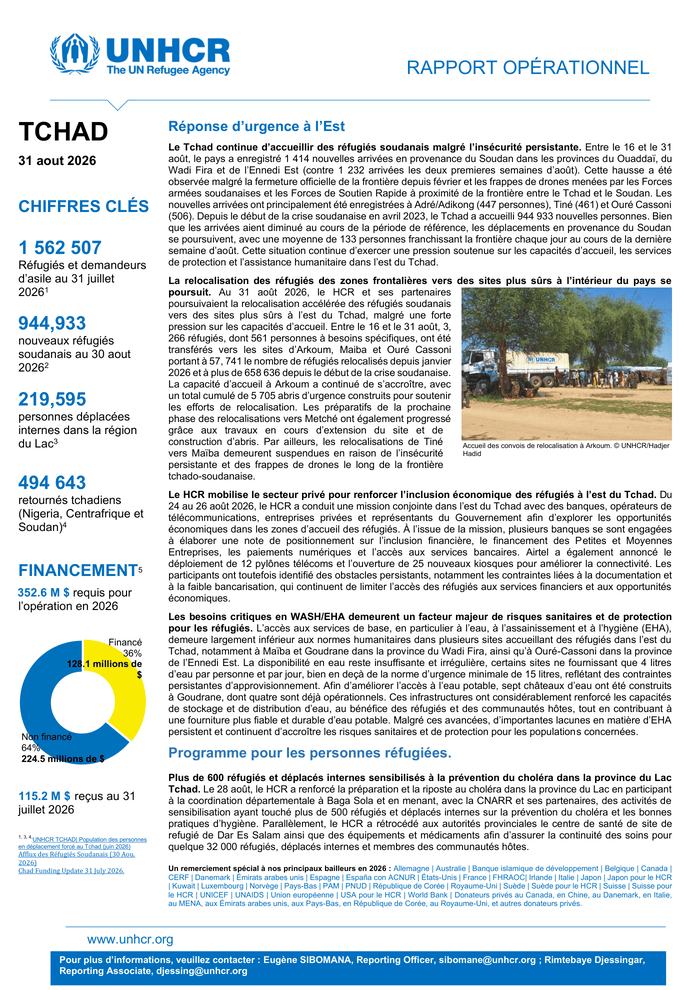 HCR TCHAD | Rapport opérationnel hebdomadaire du 31 aout 2026